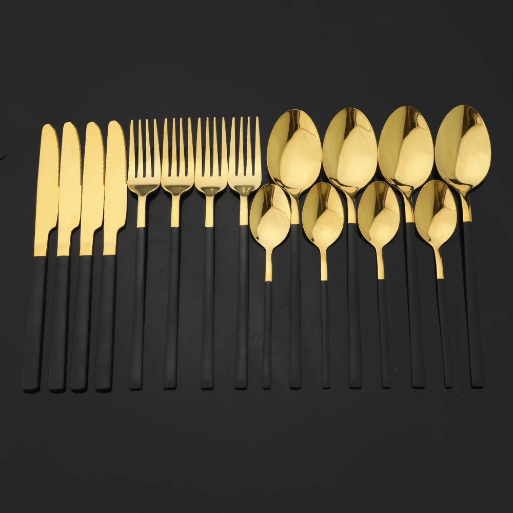 Gold Plated Cutlery - 16Pcs Black Gold Cutlery Set Stainless