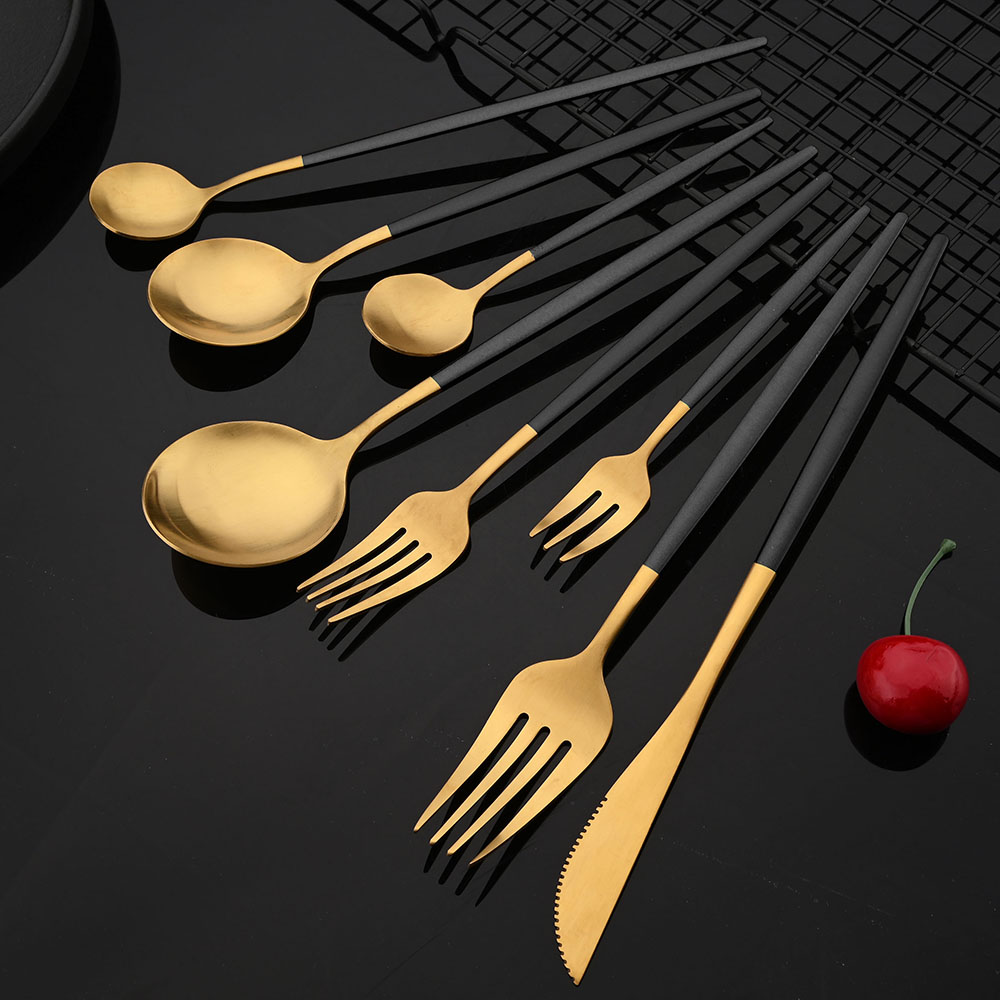 Gold Plated Cutlery - Tableware Stainless Steel Black Gold Flatware